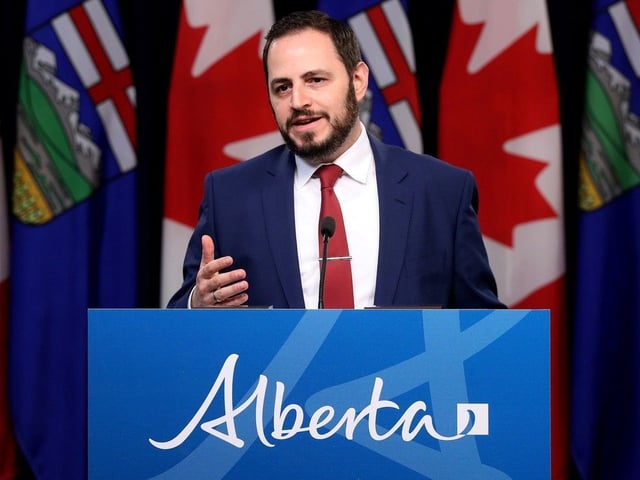  Education Minister Demetrios Nicolaides speaks in Edmonton on April 8, 2025.