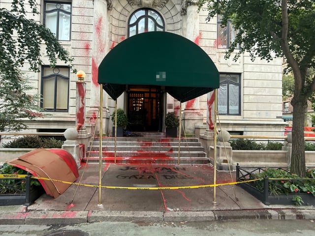 A Gaza protester splattered red paint across the Greenwich Village home of New York Times Executive Editor Joseph Kahn on Friday, Aug. 29, 2025. (Obtained by Daily News)