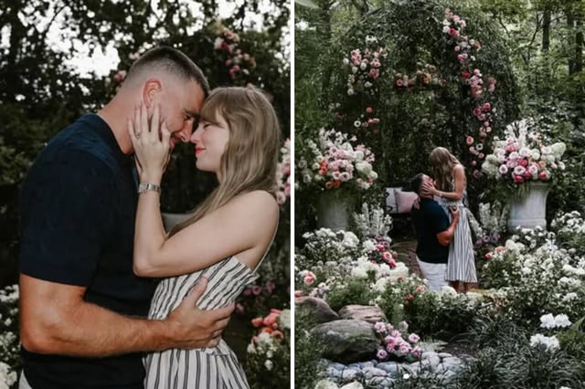 Taylor Swift and Travis Kelce celebrate their engagement with a garden photoshoot.