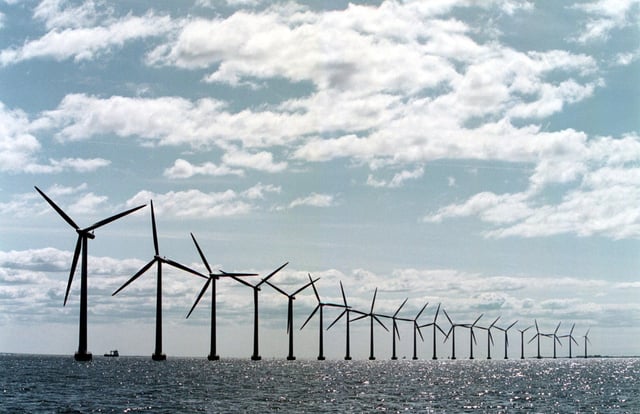A picture of the world's largest offshore windmill farm off the harbor off Copenhagen, Denmark.