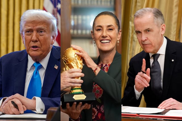 Los gobiernos del presidente de Estados Unidos, Donald Trump; de la presidenta de México, Claudia Sheinbaum, y del primer ministro de Canadá, Mark Carney, trabajan en conjunto para organizar la primera Copa Mundial de la FIFA trinacional. (Fotos: Reuters / @Claudiashein)