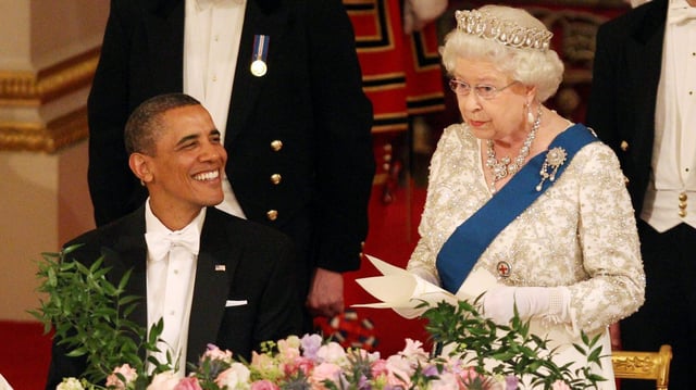 Barack Obama and the Queen at a state banquet at Buckingham Palace, 2011