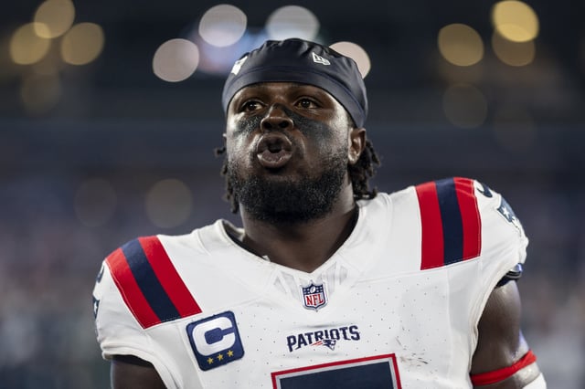 EAST RUTHERFORD, NEW JERSEY - SEPTEMBER 19: Jabrill Peppers #5 of the New England Patriots reacts as he looks on during the national anthem prior to an NFL football game between the New York Jets and the New England Patriots at MetLife Stadium on September 19, 2024 in East Rutherford, New Jersey.