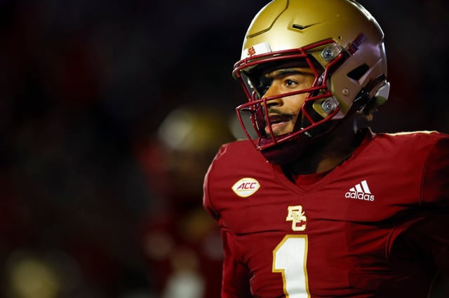 FILE - Boston College quarterback Thomas Castellanos (1) celebrates a touchdown during the second half of an NCAA football game against Louisville on Oct. 25, 2024, in Chestnut Hill, Mass. (AP Photo/Greg M. Cooper, File)