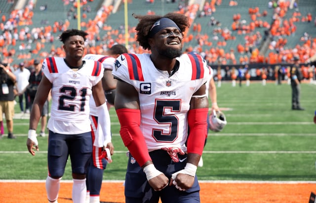 Sep 8, 2024; Cincinnati, Ohio, USA;  New England Patriots safety Jabrill Peppers (5) celebrates following the win over the Cincinnati Bengals at Paycor Stadium. Mandatory Credit: Joseph Maiorana-Imagn Images/File Photo