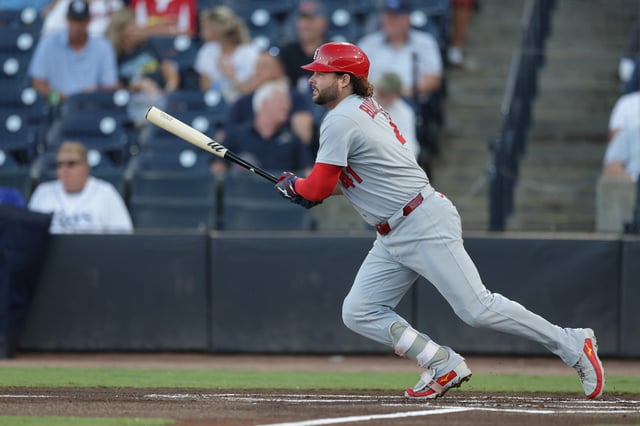 Aug 21, 2025; Tampa, Florida, USA; St. Louis Cardinals left fielder Alec Burleson (41) hits a base hit against the Tampa Bay Rays in the first inning at George M. Steinbrenner Field. Mandatory Credit: Nathan Ray Seebeck-Imagn Images/File Photo