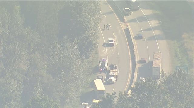 A jack-knifed semi truck on Highway 1 snarled traffic east of Chilliwack on Friday.