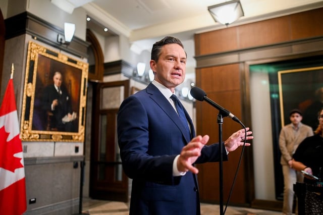 Conservative Party Leader Pierre Poilievre speaks during a press conference in the Foyer of the House of Commons in Ottawa, on Friday, Aug. 22, 2025. THE CANADIAN PRESS/Spencer Colby