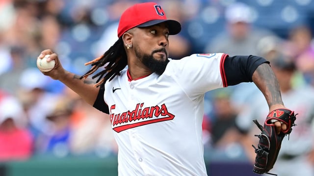 Jul 6, 2025; Cleveland, Ohio, USA; Cleveland Guardians relief pitcher Emmanuel Clase (48) throws a pitch during the ninth inning against the Detroit Tigers at Progressive Field.