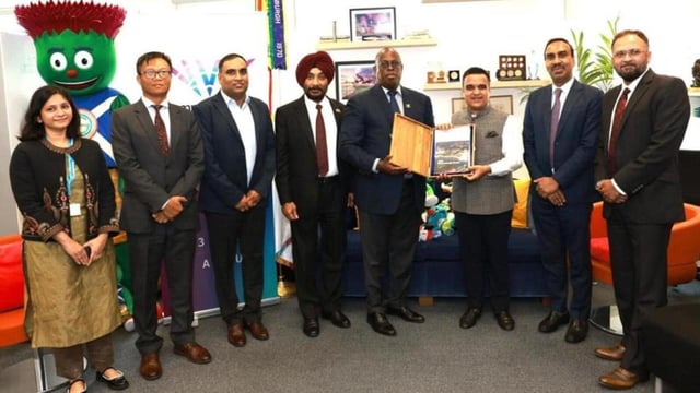 The Indian delegation, led by Gujarat sports minister Harsh Sanghavi, presents the 2030 CWG bid in London. (IOA)