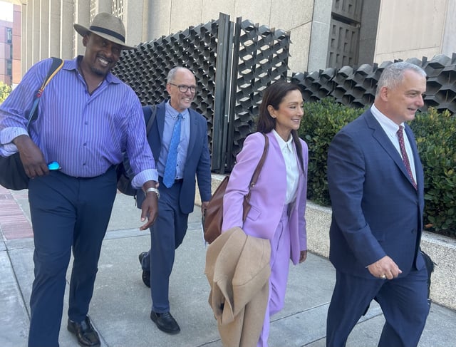 (L-R) Witness Reynold Jennings, attorney Tom Perez, San Mateo County Sheriff Christina Corpus, and attorney Thomas Mazzucco leave court after the ninth day of the hearing on the removal of Corpus in Redwood City, Calif. on Thursday, Aug. 28, 2025. (Alise Maripuu/Bay City News)