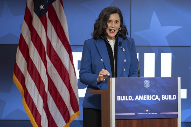 FILE - Michigan Gov. Gretchen Whitmer gives a policy speech at an event, April 9, 2025, in Washington. (AP Photo/Mark Schiefelbein, File)