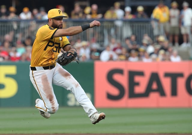 Aug 8, 2025; Pittsburgh, Pennsylvania, USA;  Pittsburgh Pirates third baseman Isiah Kiner-Falefa (7) throws to first base for an out against Cincinnati Reds right fielder Jake Fraley (not pictured) during the fourth inning at PNC Park. Mandatory Credit: Charles LeClaire-Imagn Images/File Photo