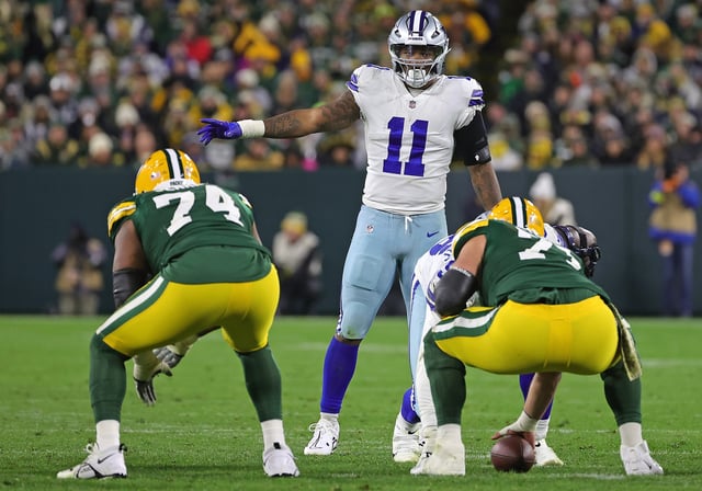Micah Parsons #11 of the Dallas Cowboys anticipates a play during a game against the Green Bay Packers at Lambeau Field on November 13, 2022 in Green Bay, Wisconsin. The Packers defeated the Cowboys 31-28 in overtime.