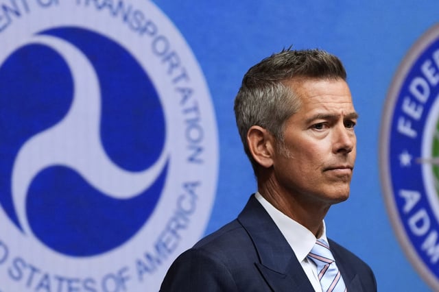 FILE - Transportation Secretary Sean Duffy looks during a news conference, Aug. 5, 2025, at the Department of Transportation in Washington. (AP Photo/Julia Demaree Nikhinson, File)