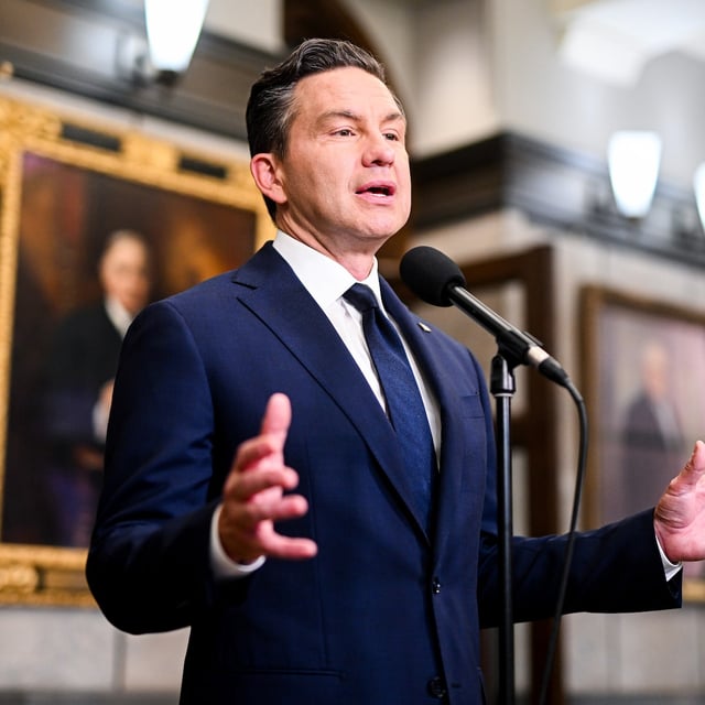 Conservative Party Leader Pierre Poilievre speaks during a press conference in the Foyer of the House of Commons in Ottawa, on Friday, Aug. 22, 2025. THE CANADIAN PRESS/Spencer Colby