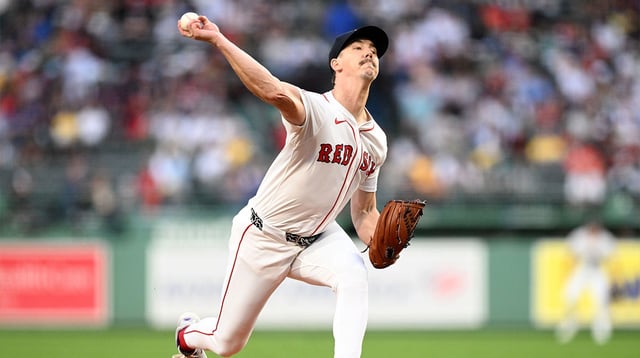 Aug 19, 2025; Boston, Massachusetts, USA; Boston Red Sox starting pitcher Walker Buehler (0) pitches against the Baltimore Orioles during the first inning at Fenway Park. Mandatory Credit: Brian Fluharty-Imagn Images