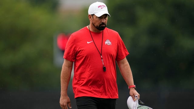 Ohio State Buckeyes head coach Ryan Day leads the first football practice of the season at the Woody Hayes Athletic Center on July 31, 2025.