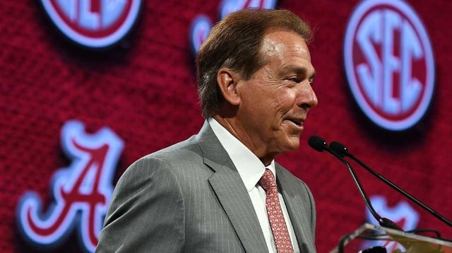 Jul 19, 2023; Nashville, TN, USA; Alabama Crimson Tide head coach Nick Saban speaks during SEC Media Day at the Grand Hyatt. Mandatory Credit: Christopher Hanewinckel-Imagn Images