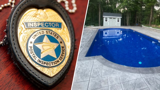 A file image of a U.S. postal inspector badge, at left, and an outdoor pool that former Inspector Scott Kelley allegedly used money stolen from packages to finish.