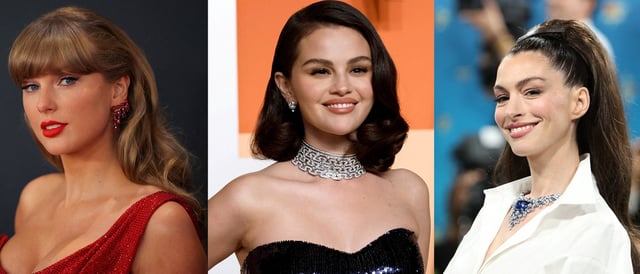 A combination photo shows (L) Taylor Swift at the red carpet during the 67th Annual Grammy Awards in Los Angeles, California, U.S., February 2, 2025, (C) Selena Gomez attending the Vanity Fair Oscars party after the 97th Academy Awards, in Beverly Hills, California, U.S., March 2, 2025 and Anne Hathaway posing during the Met Gala in New York City, May 5, 2025. REUTERS/Daniel Cole/Danny Moloshok/Mario Anzuoni