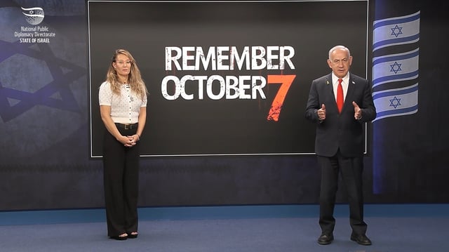 Prime Minister Benjamin Netanyahu and Sabina Taasa in a video to remember October 7.
