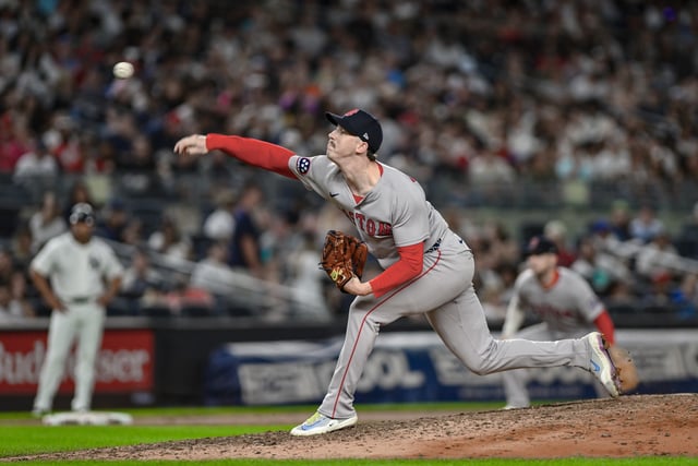 Aug 24, 2025; Bronx, New York, USA; Boston Red Sox pitcher Walker Buehler (0) pitches against the New York Yankees during the sixth inning at Yankee Stadium. Mandatory Credit: John Jones-Imagn Images/File Photo