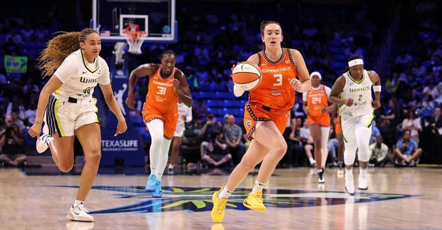 ARLINGTON, TEXAS - AUGUST 27: Marina Mabrey of the Connecticut Sun handles the ball during the first half of a game against the Dallas Wings at College Park Center on August 27, 2025 in Arlington, Texas. (Photo by Stacy Revere/Getty Images)