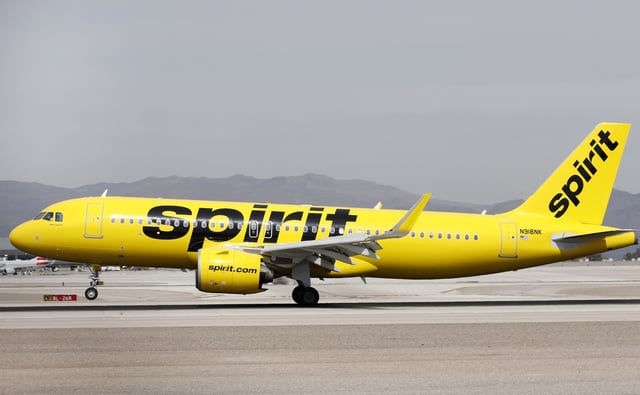 An Airbus A320neo (A320-200neo) jetliner, belonging to ultra-low-cost carrier Spirit Airlines, lands at McCarran International Airport in Las Vegas, Nv., on Feb. 28, 2020.