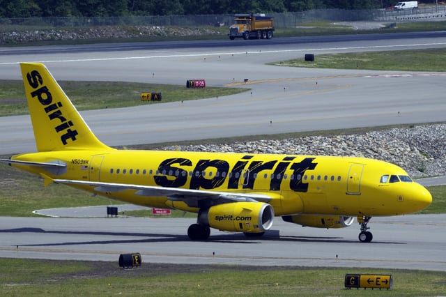 FILE - A Spirit Airlines 319 Airbus taxis at Manchester Boston Regional Airport, Friday, June 2, 2023, in Manchester, N.H. (AP Photo/Charles Krupa, File)