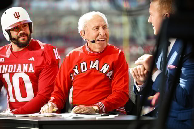 ESPN College GameDay analyst Lee Corso on set prior to a college football game between the Washington Huskies and Indiana Hoosiers on Oct. 26, 2024 in Bloomington, IN.