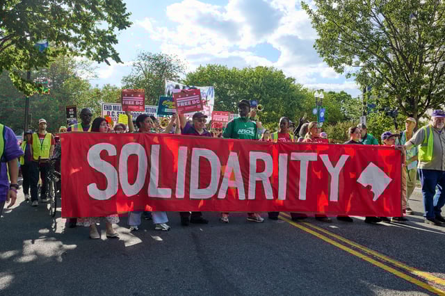 Residents and workers of Washington D.C. protest Pres. Donald Trump's efforts to abolish labor laws protecting workers, and the use of federal agents and the National Guard to perform basic policing actions, Aug. 28, 2025.