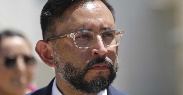 Then-San Jose City Councilman Omar Torres listens to a question following a rally in front of San Jose City Hall on May 16, 2023. Torres was sentenced Friday to 18 years in state prison after pleading no contest to child molestation charges, prosecutors said.