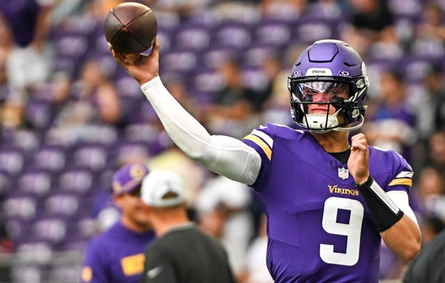 J.J. McCarthy #9 of the Minnesota Vikings warms up before the preseason game against the Las Vegas Raiders at U.S. Bank Stadium on August 10, 2024 in Minneapolis, Minnesota.