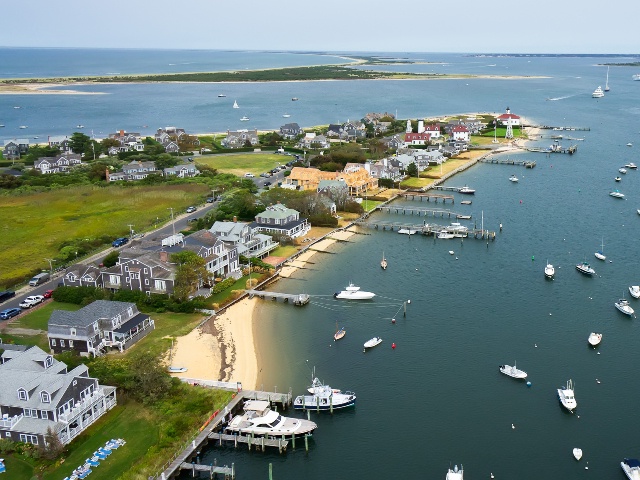 Kite aerial of Brant Point and harbor and Coatue, Nantucket, MA. (J. Greg Hinson, MD via Getty)