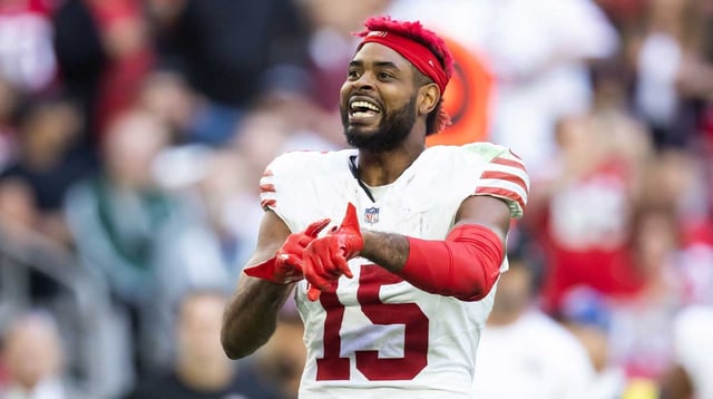 Jan 5, 2025; Glendale, Arizona, USA; San Francisco 49ers wide receiver Jauan Jennings (15) reacts after a fight against the Arizona Cardinals in the first half at State Farm Stadium. Mandatory Credit: Mark J. Rebilas-Imagn Images