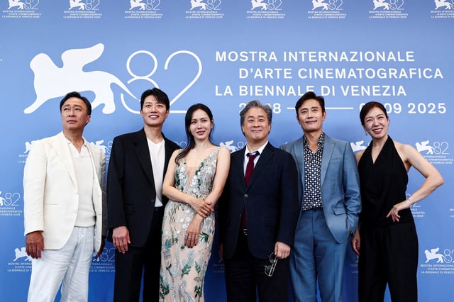 Director Park Chan-wook and cast members Lee Byung-hun, Son Ye-Jin, Park Hee-soon, Lee Sung-min and Yeom Hye-ran pose during a photocall for the movie "No Other Choice" in competition, at the 82nd Venice International Film Festival, Venice, Italy, August 29, 2025. REUTERS/Yara Nardi