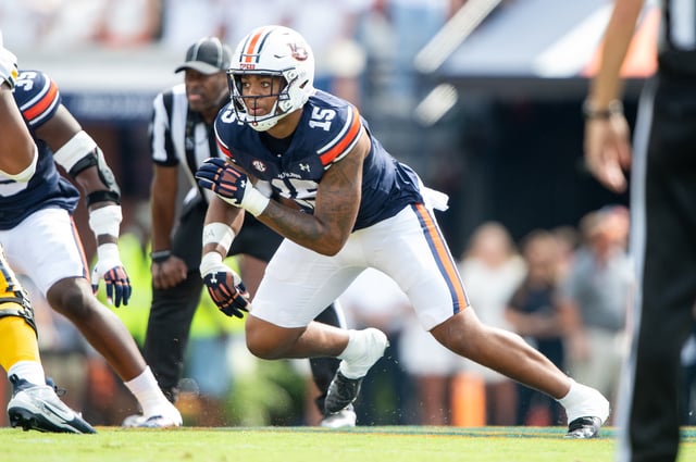 Defensive lineman Keldric Faulk #15 of the Auburn Tigers during their game against the California Golden Bears at Jordan-Hare Stadium on September 07, 2024 in Auburn, Alabama.