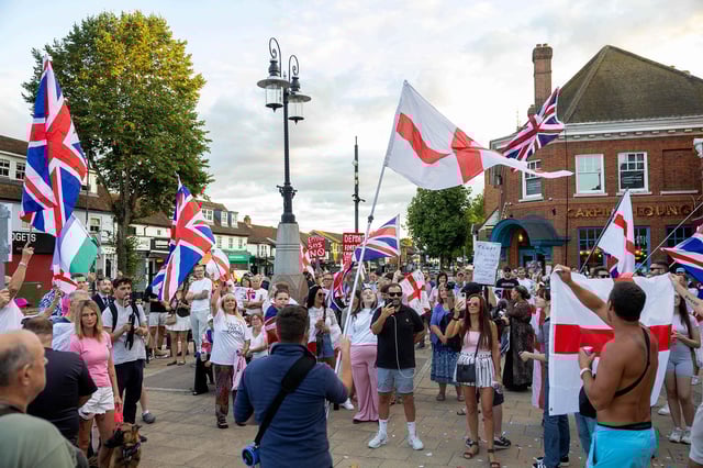 Mandatory Credit: Photo by Toby Shepheard/Story Picture Agency/Shutterstock (15442139o)
Protesters at the Bell Hotel in Epping protesting against the migrants being housed there after 2 of the migrants have been charged with sexual assault.
Bell Hotel Protest, Epping, Essex, UK - 14 Aug 2025