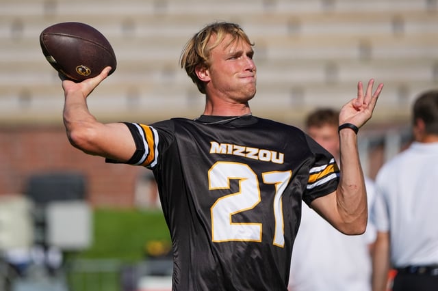 Aug 28, 2025; Columbia, Missouri, USA; Missouri Tigers quarterback Sam Horn (21) warms up against the Central Arkansas Bears prior to a game at Faurot Field at Memorial Stadium. Mandatory Credit: Denny Medley-Imagn Images/File Photo