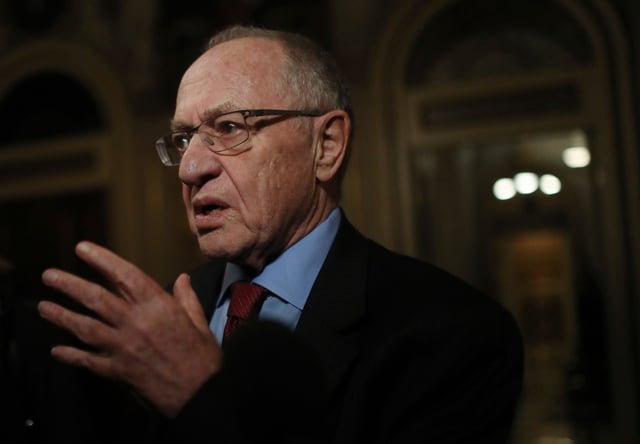 Attorney Alan Dershowitz, a member of President Donald Trump's legal team, speaks to the press in the Senate Reception Room during the Senate impeachment trial at the U.S. Capitol on January 29, 2020 in Washington, DC.