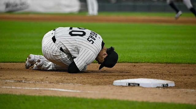 Aug 28, 2025; Chicago, Illinois, USA; Chicago White Sox first baseman Miguel Vargas (20) gets injured during the fifth inning against the New York Yankees at Rate Field. Mandatory Credit: Matt Marton-Imagn Images