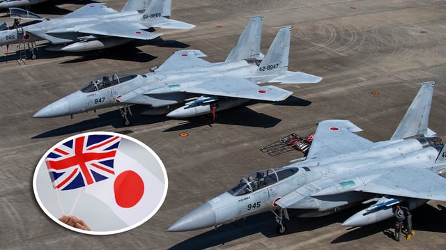 Japan Air Self-Defense Force F-15J Eagles. (U.S. Air Force photo by Airman 1st Class Melany Bermudez) Inset: British and Japanese flags are waved as HMS Prince of Wales arrives in Japan. (Crown Copyright)