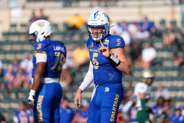Walker Eget #5 of the San Jose State Spartans gestures to the bench during the first half of the game against the South Florida Bulls at the Clarence T.C. Ching Athletics Complex on December 24, 2024 in Honolulu, Hawaii.