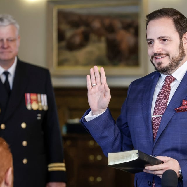 New Minister of Education and Childcare, Demetrios Nicolaides, swears the oath of office in Calgary, Alta., Friday, May 16, 2025.THE CANADIAN PRESS/Jeff McIntosh