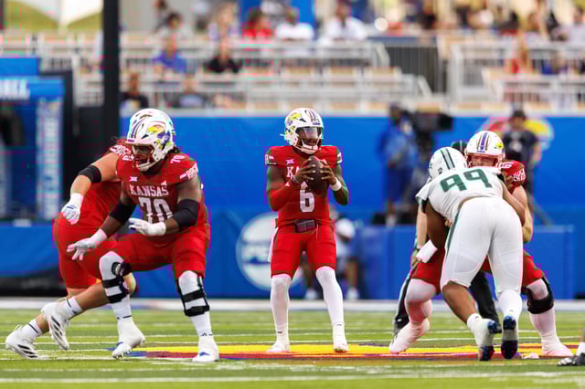 Aug. 29, 2025; Lawrence, Kansas; Kansas football quarterback Jalon Daniels (6) looks to pass during a game against Wagner at David Booth Kansas Memorial Stadium.