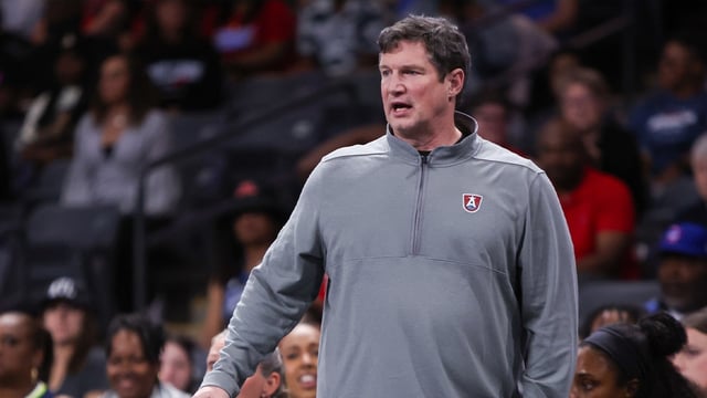 Aug 29, 2025; College Park, Georgia, USA; Atlanta Dream head coach Karl Smesko on the sideline against the Dallas Wings in the first quarter at Gateway Center Arena at College Park. Mandatory Credit: Brett Davis-Imagn Images