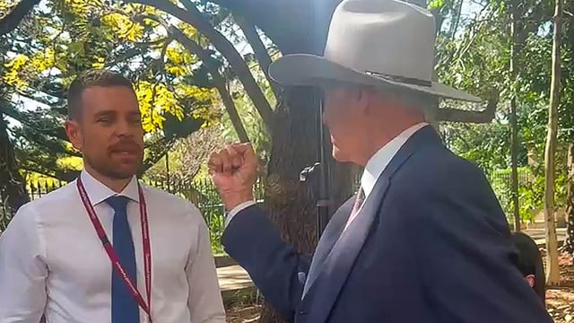 Katter's Australian Party Member for Kennedy Bob Katter argues with 9News reporter Josh Bavas during a press conference in Brisbane, Queensland, Australia.