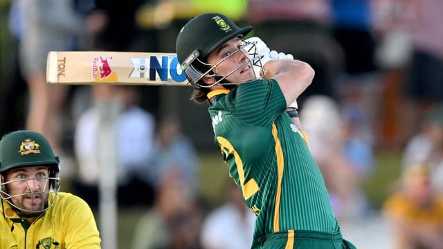 Dewald Brevis in action for South Africa against Australia in the ODI series.