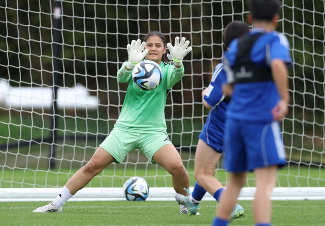 Soccer Football - Elaha Safdari of the Afghan Women's Refugee team makes a save during a selection camp at St. George's Park, Burton upon Trent, Britain - August 26, 2025 REUTERS/John Sibley